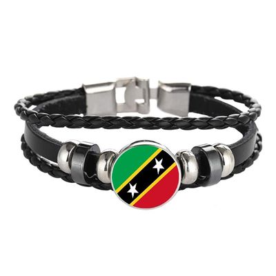 Saint Kitts and Nevis Flag Braided Bracelet Leather Chain Crystal Wristband Souvenir,Fashion Handmade Bracelet for Man & Woman Special Day's Gift
