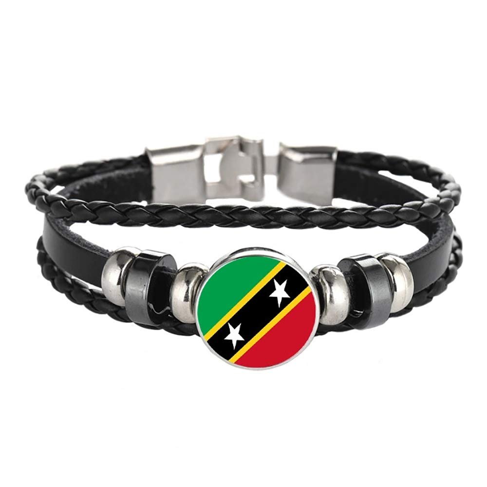 Saint Kitts and Nevis Flag Braided Bracelet Leather Chain Crystal Wristband Souvenir,Fashion Handmade Bracelet for Man & Woman Special Day's Gift
