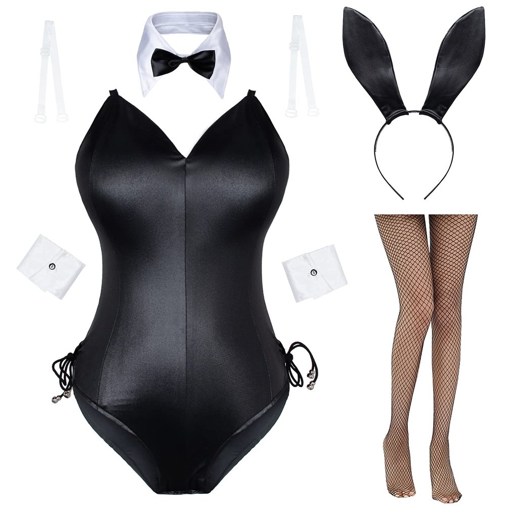 Womens Bunny Girl Sakurajima Mai Cosplay Costume One Piece Bodysuit Stockings Set - black - XXXXL