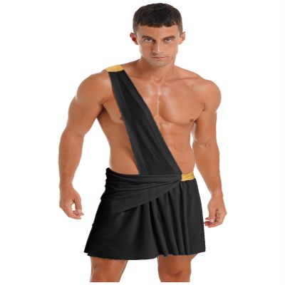 Miutii Mens Ancient Greek God Costume One Shoulder Ruffle Skirt Halloween Theme Party Cosplay Fancy Dress Black XXL